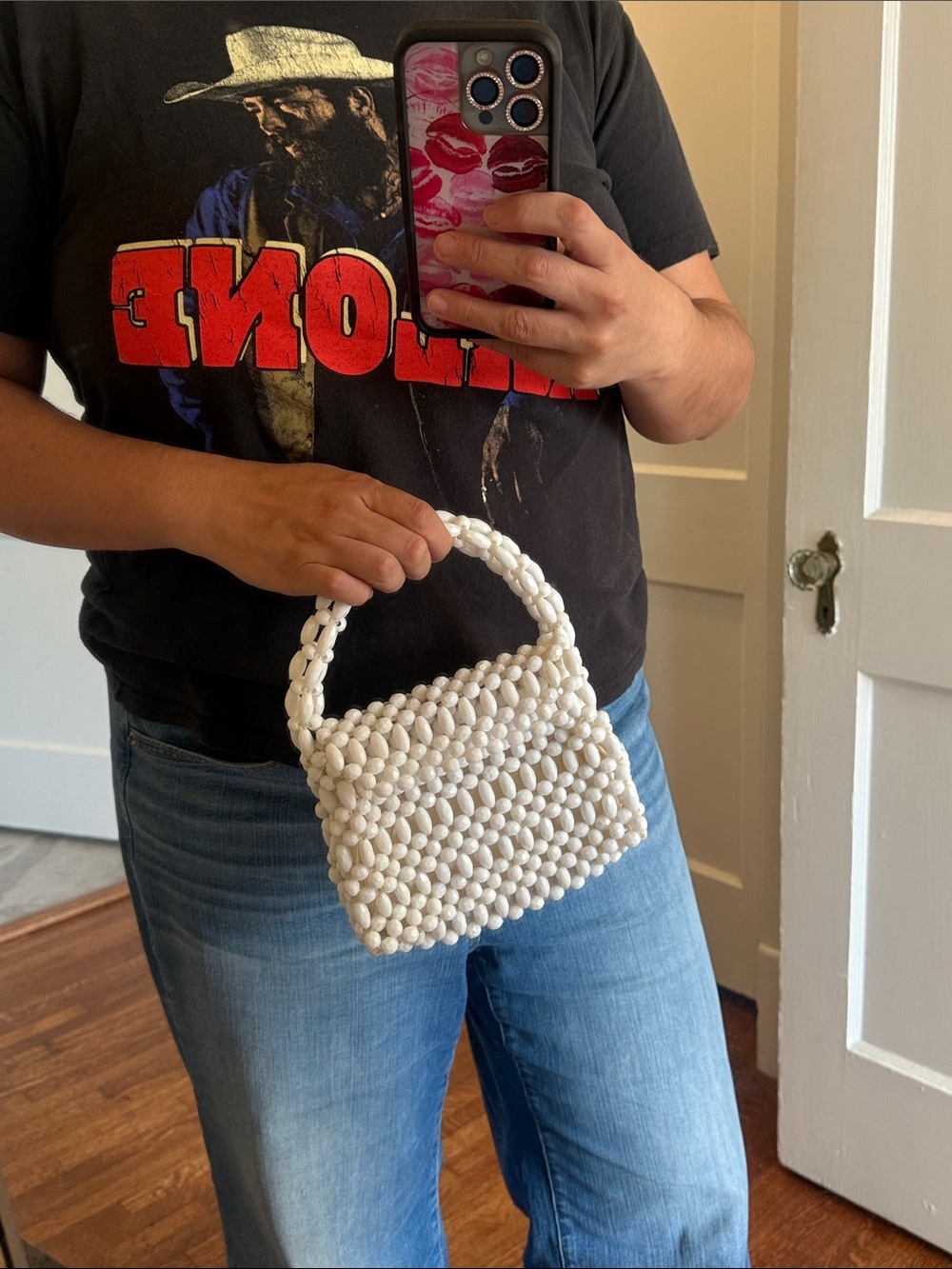 Handcrafted White Beaded Top-Handle Bag